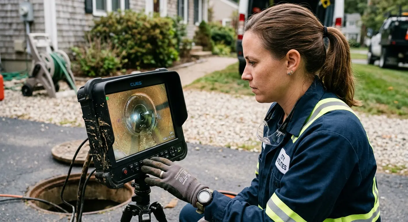 Technician reviewing sewer camera inspection footage in Discovery Bay