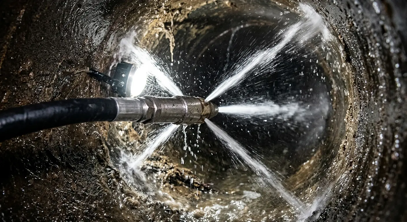 High-pressure hydro jetting nozzle cleaning sewer pipe for Sewer Cleanout in Discovery Bay