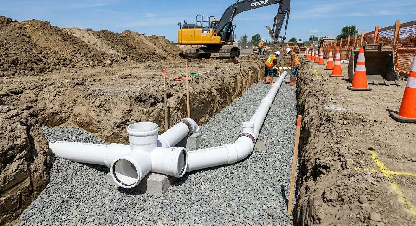 New PVC sewer pipe installation in open trench for Sewer Camera Inspection in Discovery Bay
