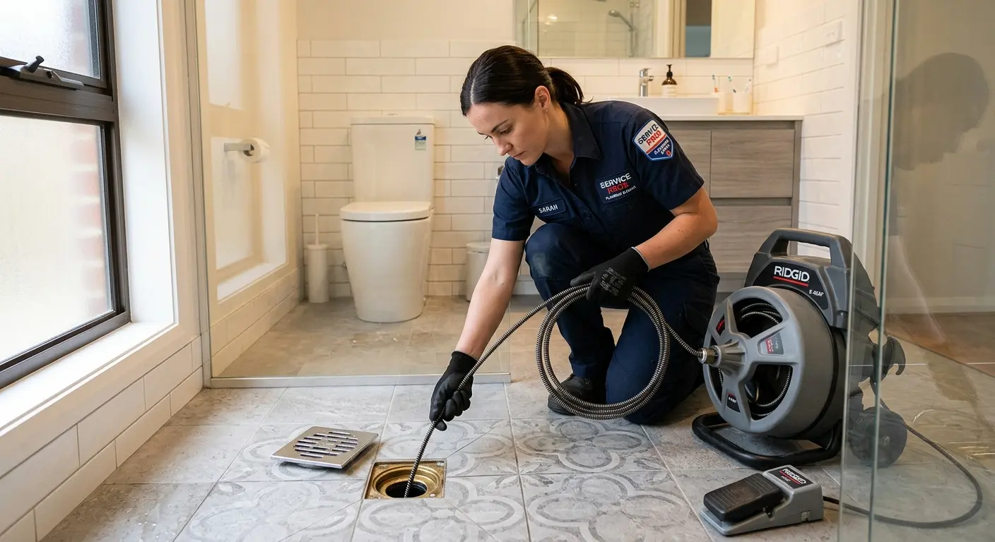 Technician clearing a bathroom floor drain for Hydro Jetting in Discovery Bay